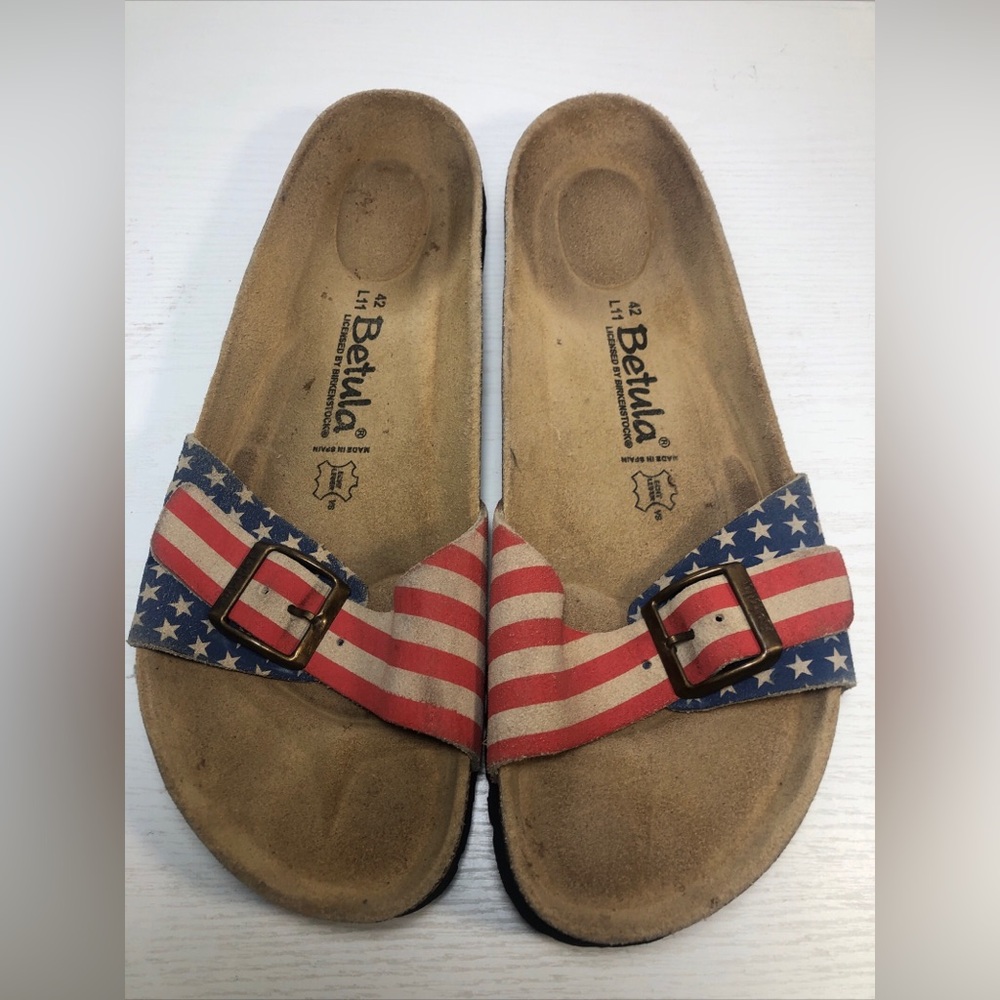 Betula By BIRKENSTOCK 42  American Flag Single Strap SANDALS SUEDE - USA 11